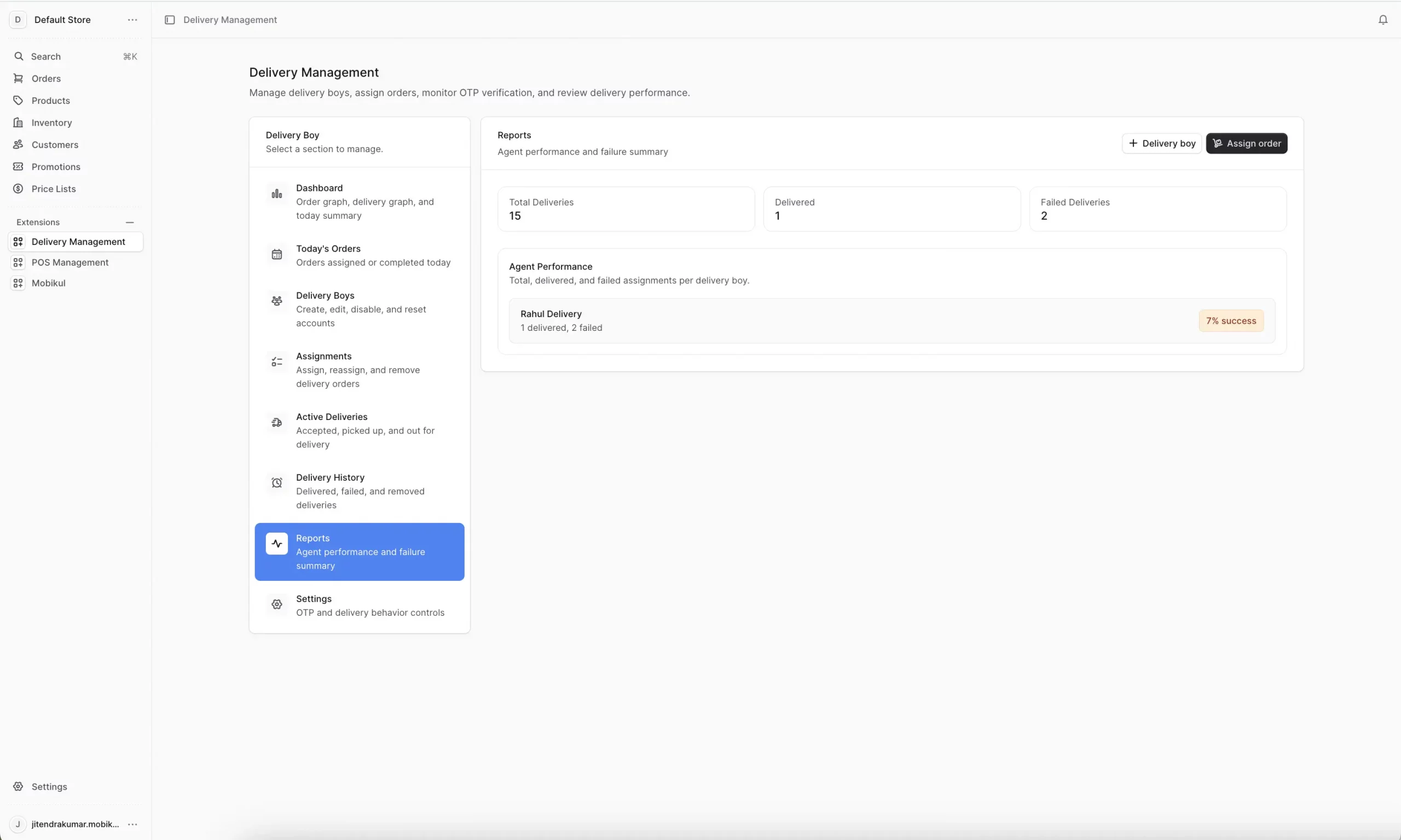 Reports view Agent performance and failure summary