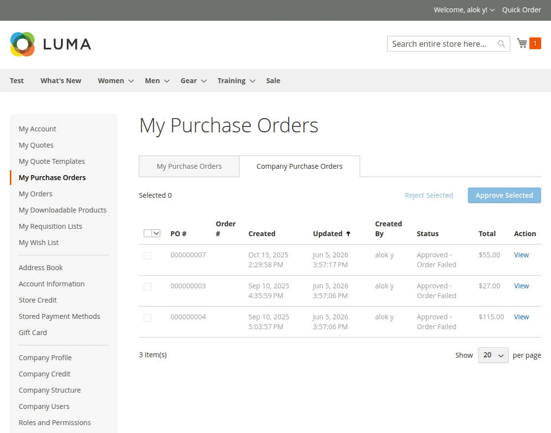 Adobe Commerce B2B Mobile App front end - company purchase orders