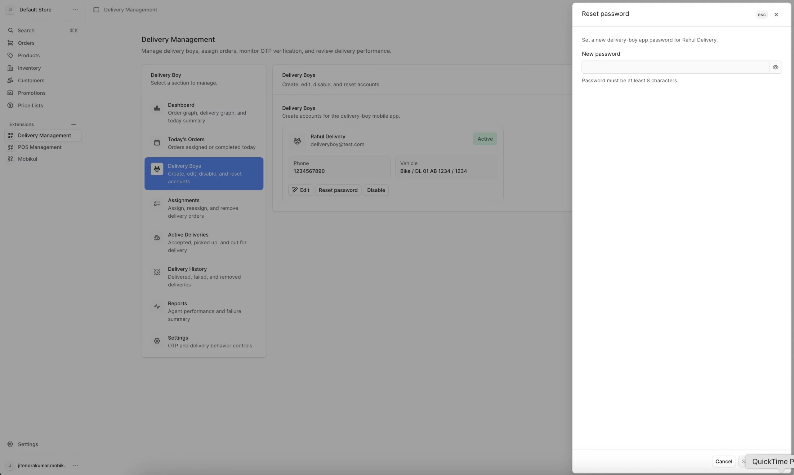 Reset Password delivery boy view