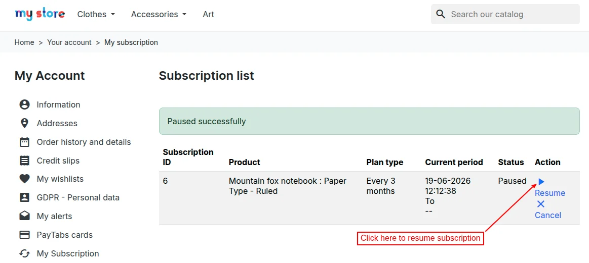 resume subscription