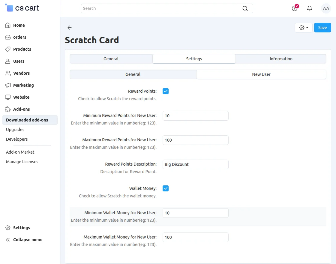 new user settings