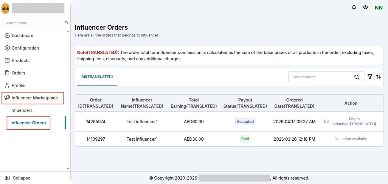 Influencer Orders Listing - Seller