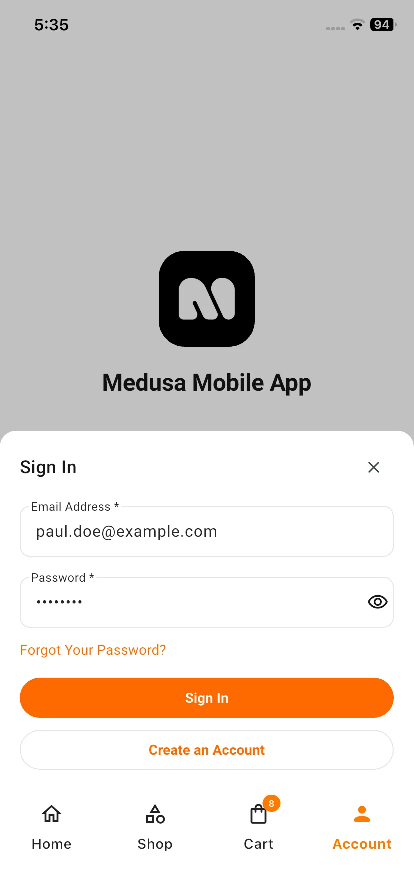 Medusajs Mobile App Builder Sign In Page View