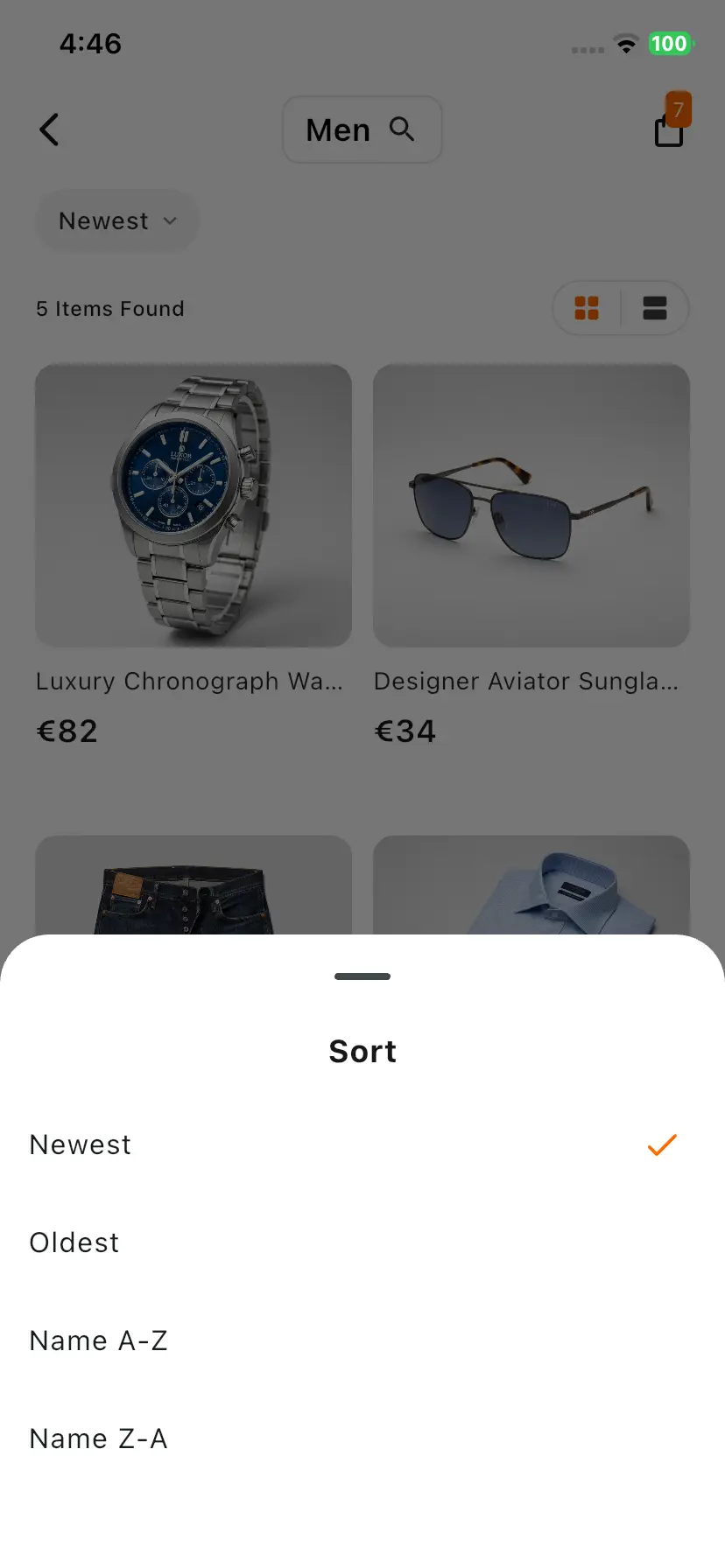 Medusajs Mobile App Builder Sort Page View