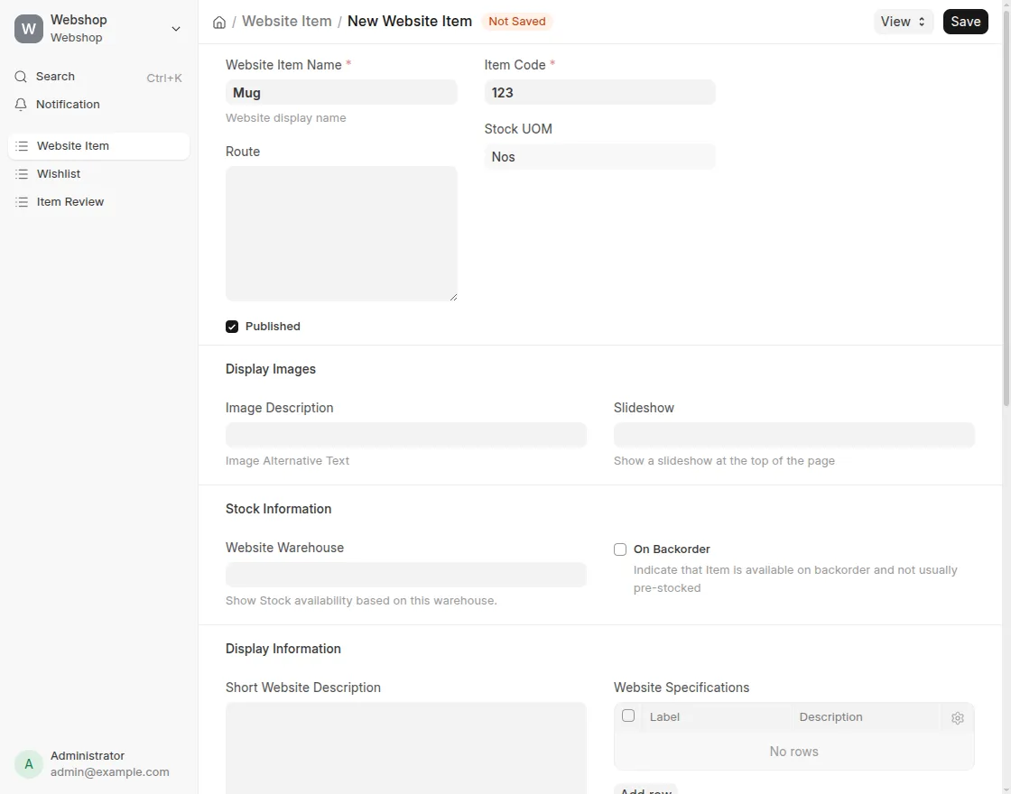 Create new website item