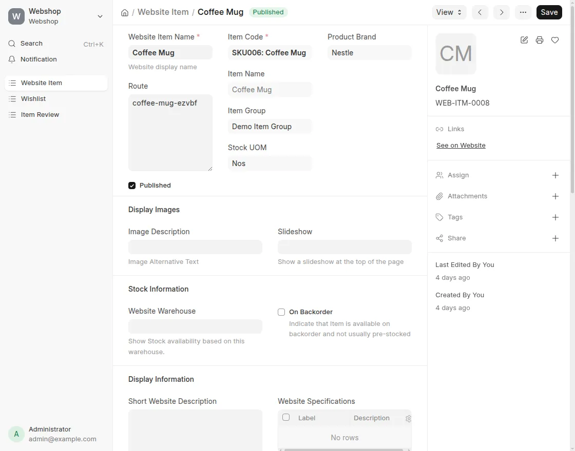 View existing website item