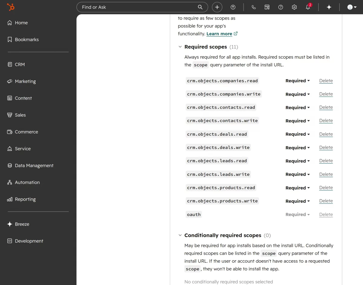 enter required scopes