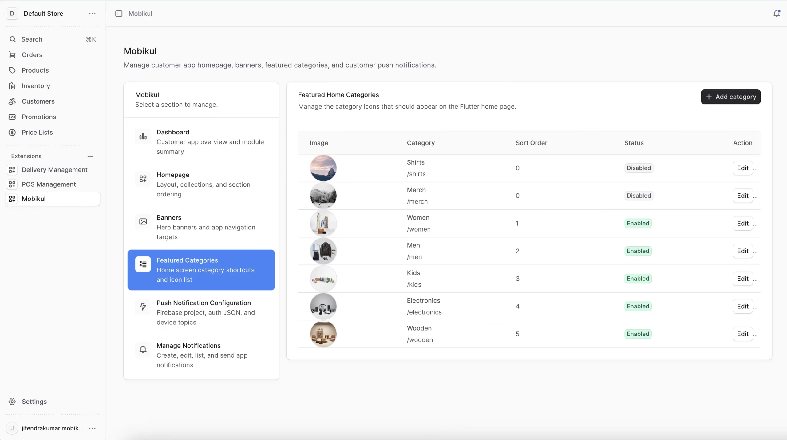 Manage the category icons that should appear on the Flutter home page.