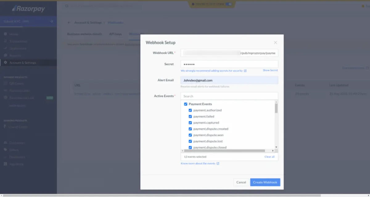 Razorpay Magic Checkout webhooks