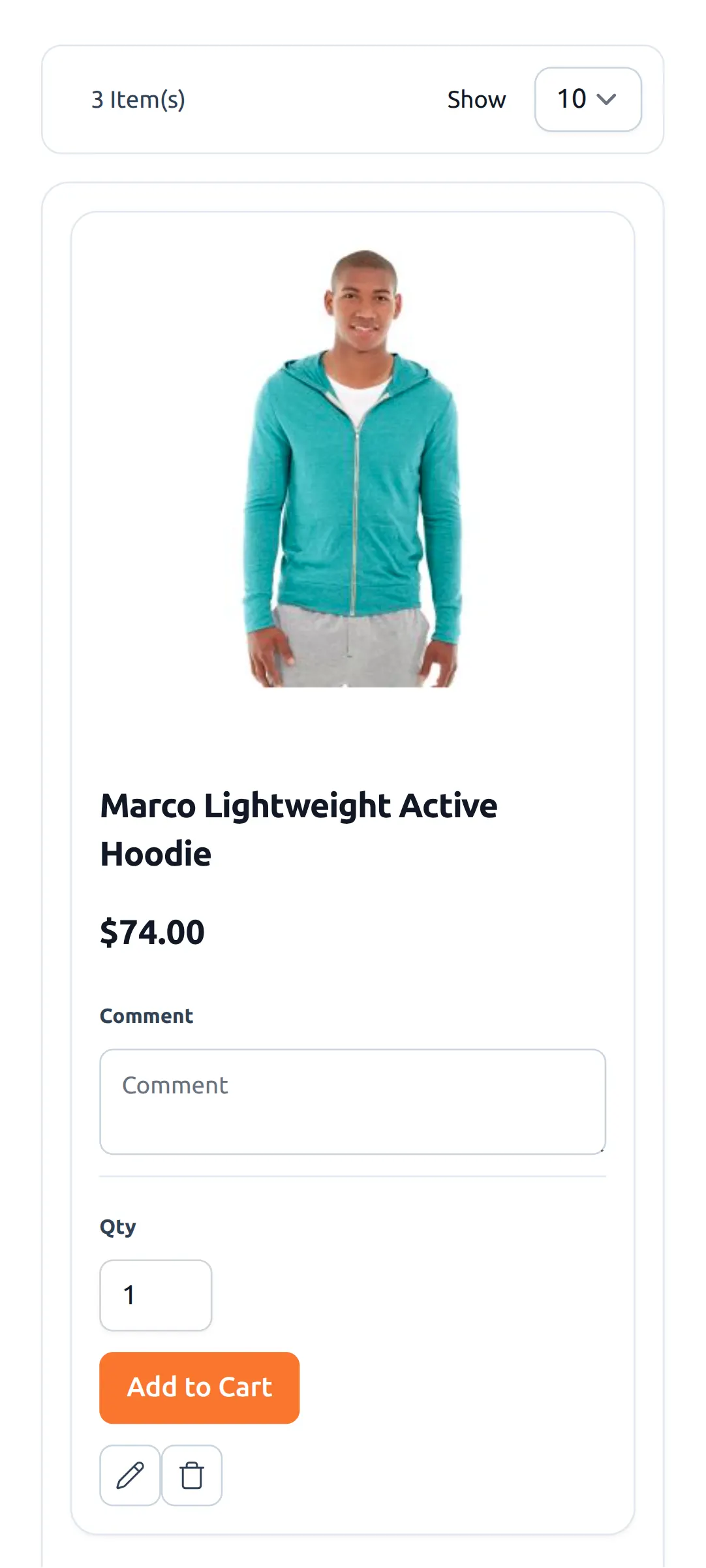 mobile end page view with cart option