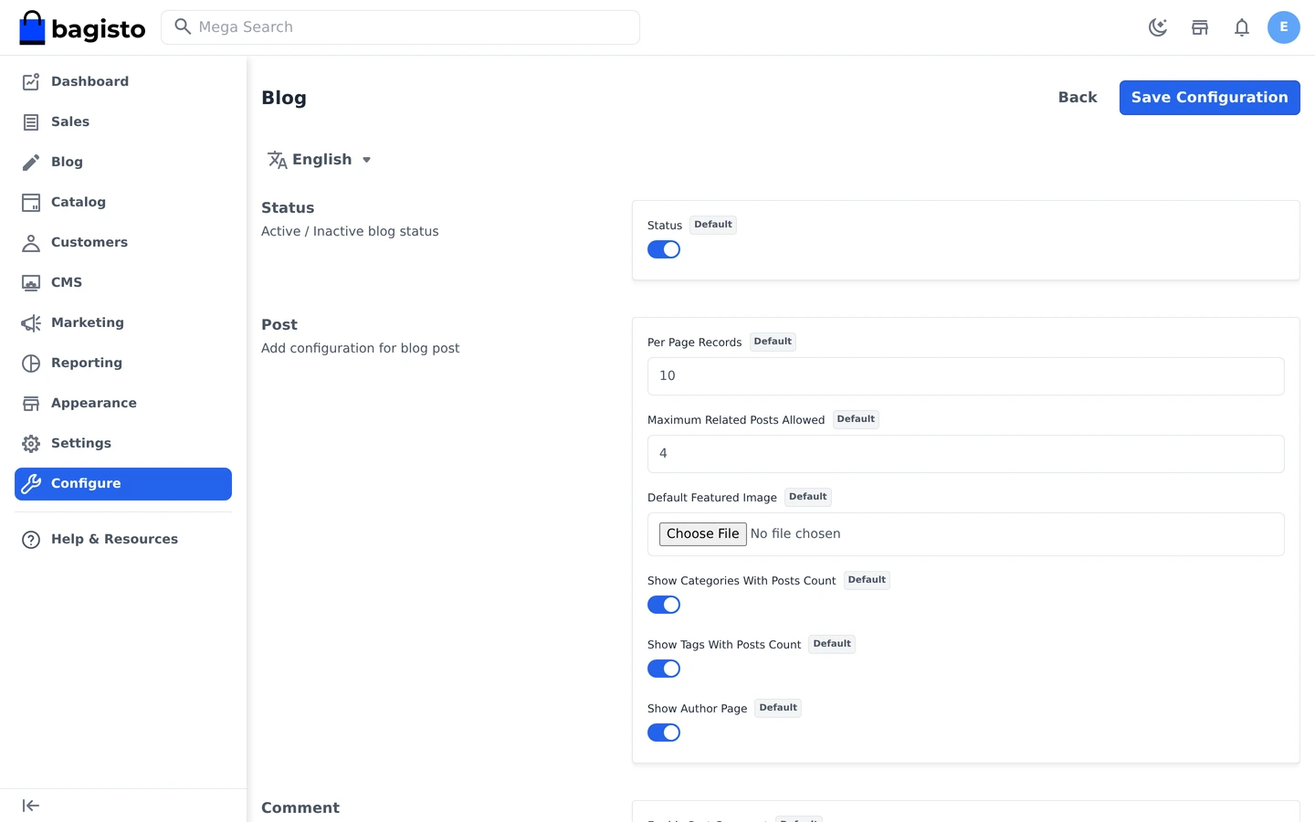 Bagisto Blog Extension configuration screen in the admin panel