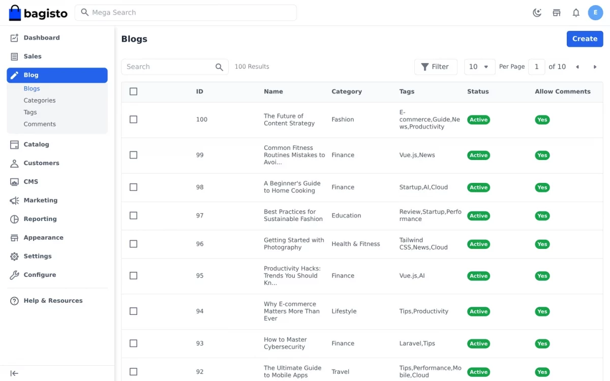 Bagisto Blog Extension posts listing in the admin panel