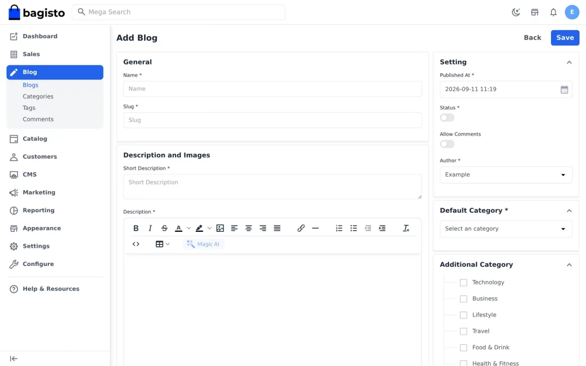 Adding a new post in the Bagisto Blog Extension admin panel
