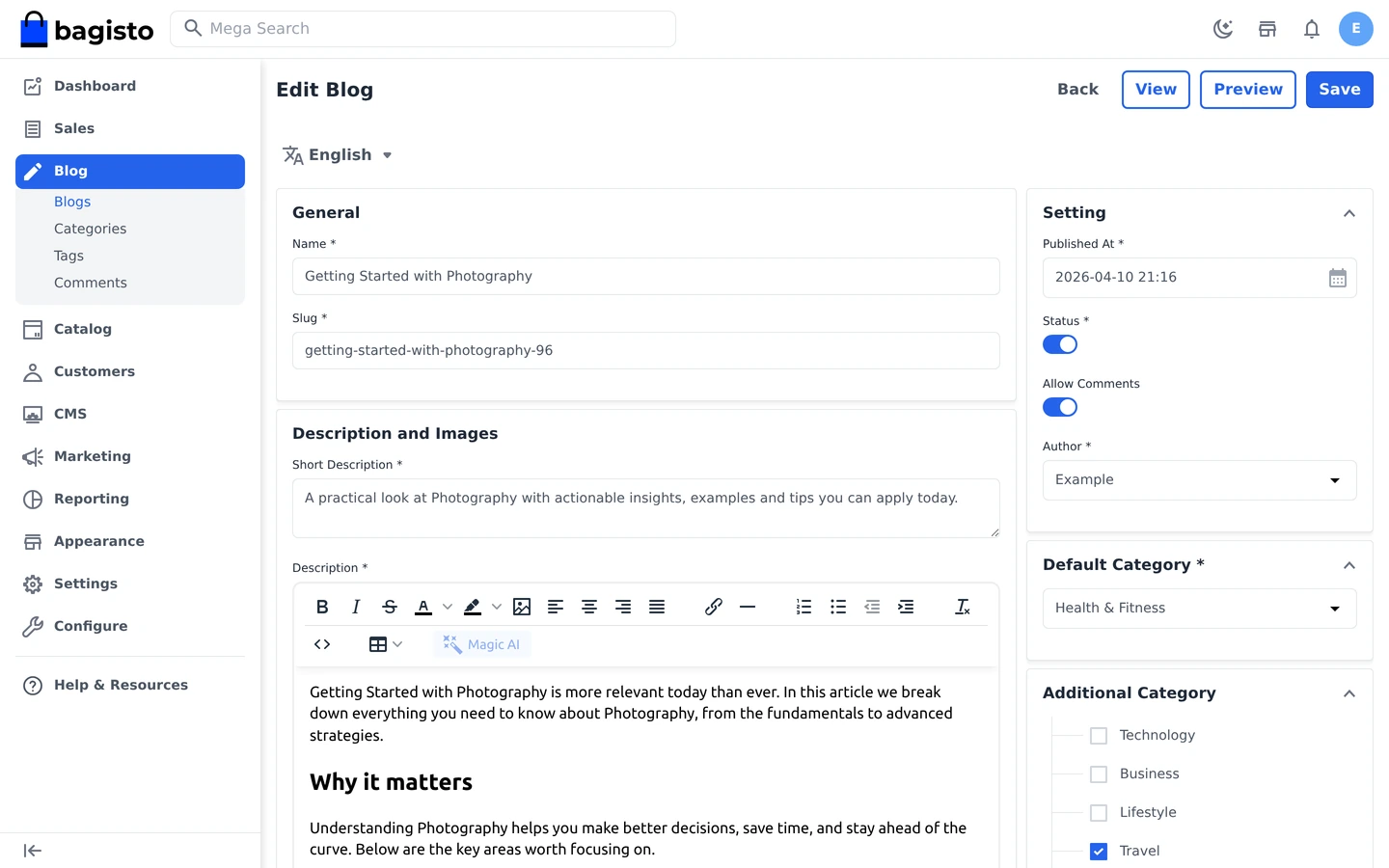 Bagisto Blog Extension post settings with categories and tags in the admin panel
