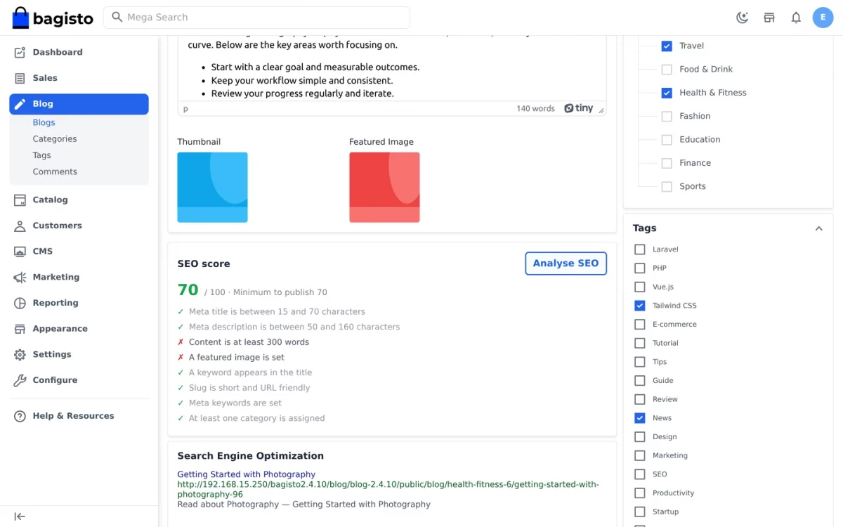Bagisto Blog Extension SEO score panel showing eight checks in the admin panel