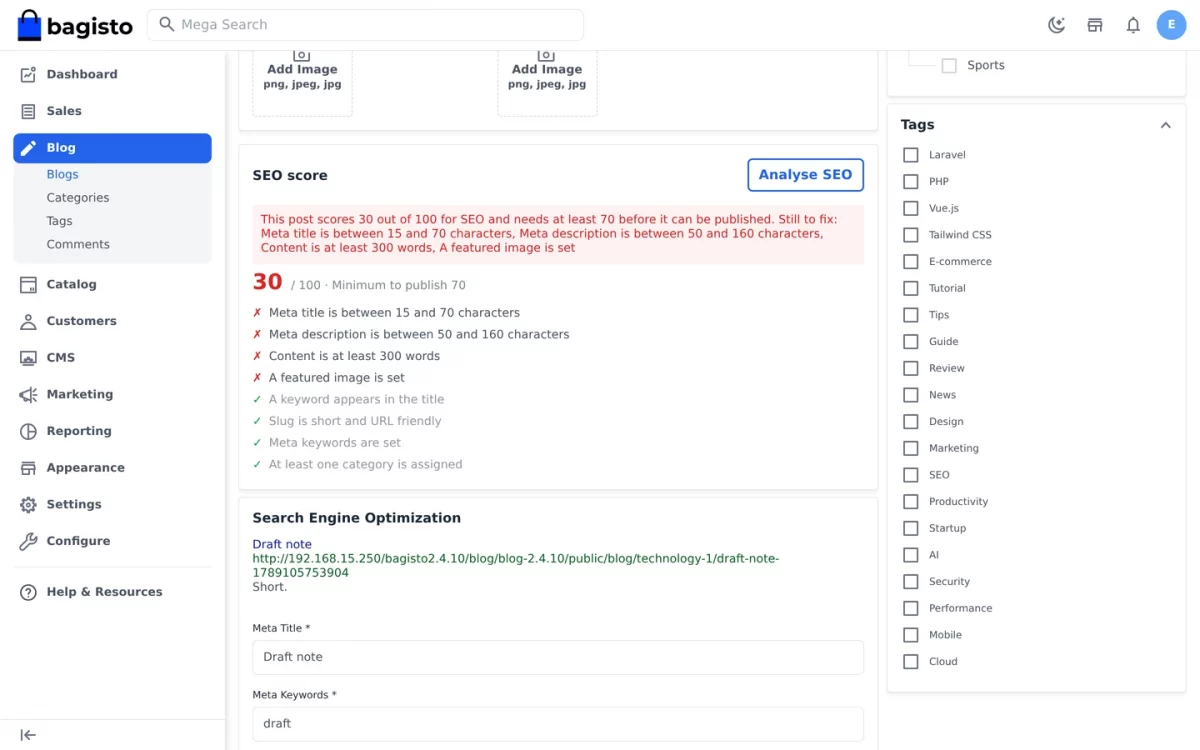 Bagisto Blog Extension refusing to publish a post that scores below the minimum