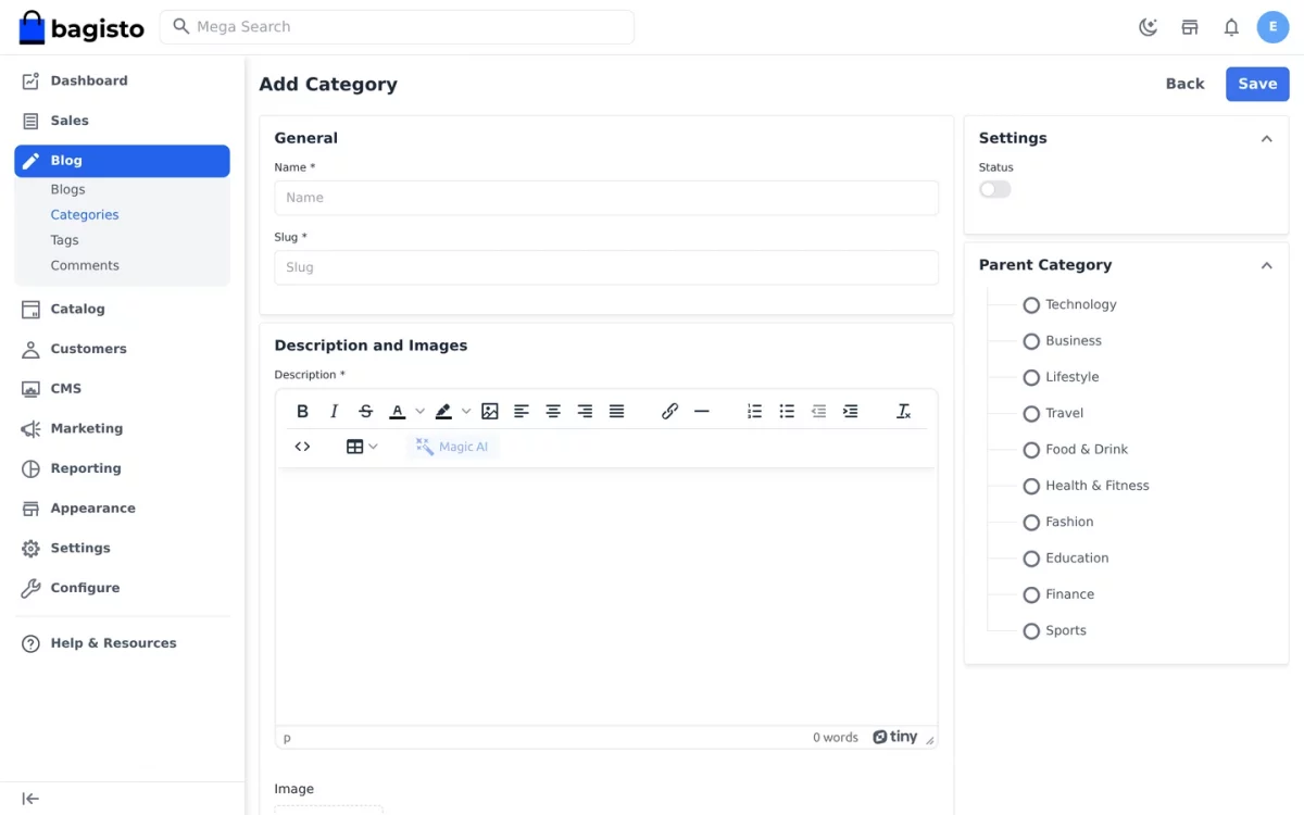 Creating a category in the Bagisto Blog Extension admin panel