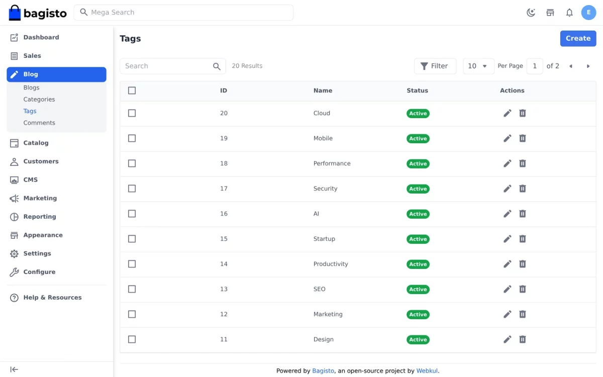 Bagisto Blog Extension tags listing in the admin panel