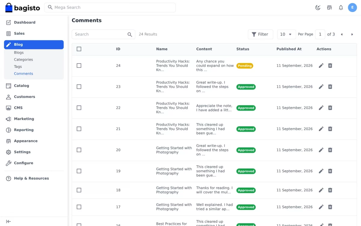 Bagisto Blog Extension comments listing in the admin panel