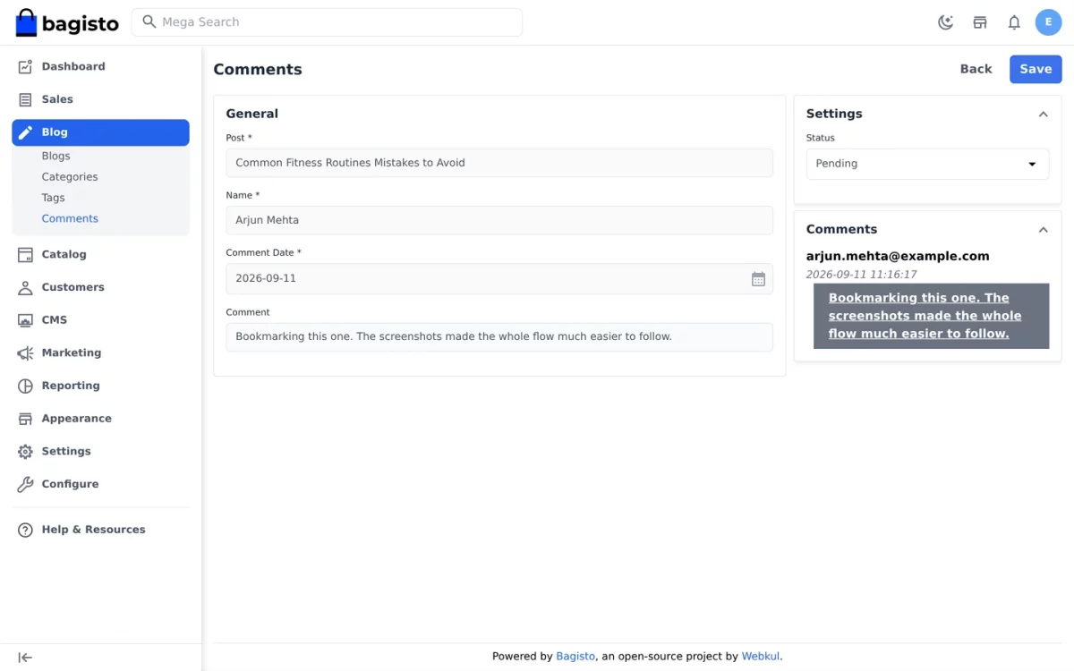 Updating the status of a comment in the Bagisto Blog Extension admin panel