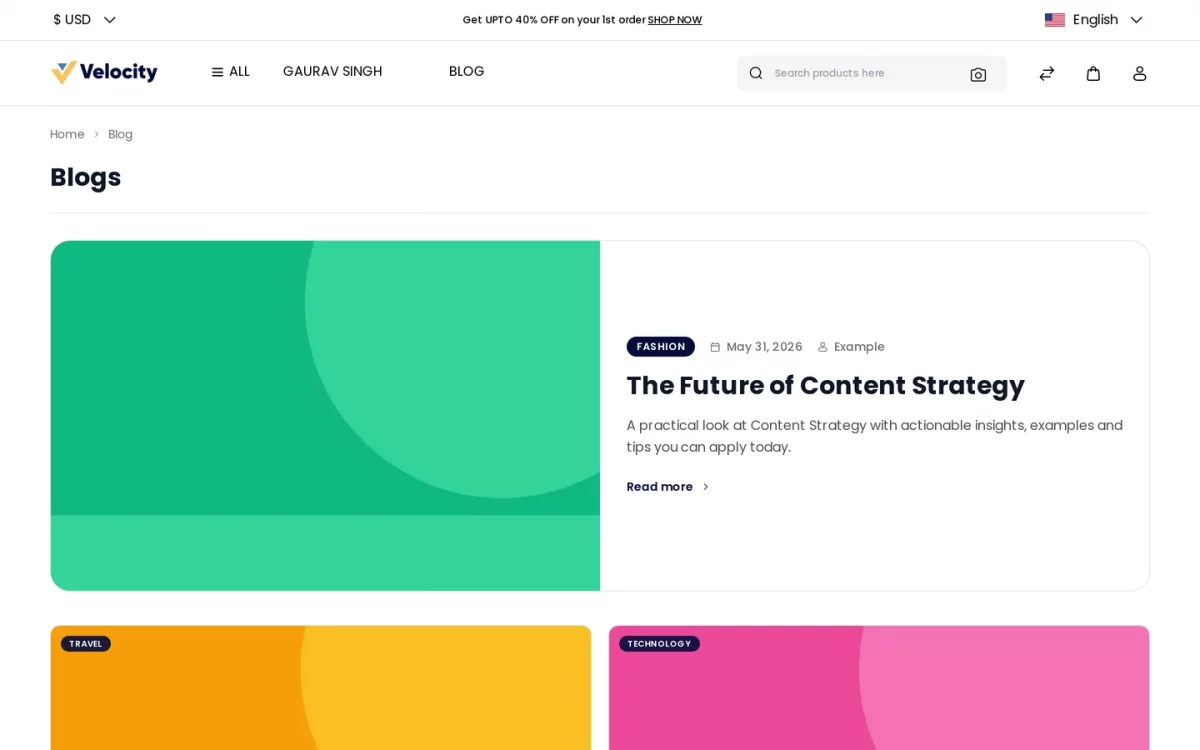 Bagisto Blog Extension storefront listing with the featured hero post