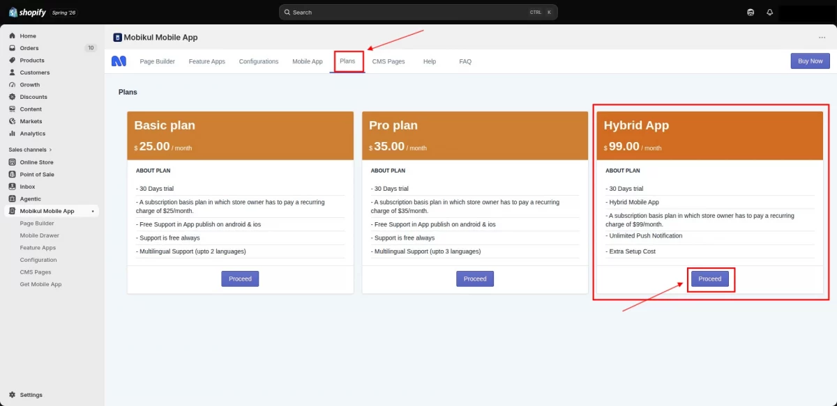 Hybrid plan Hotwire Mobile App Builder for Shopify