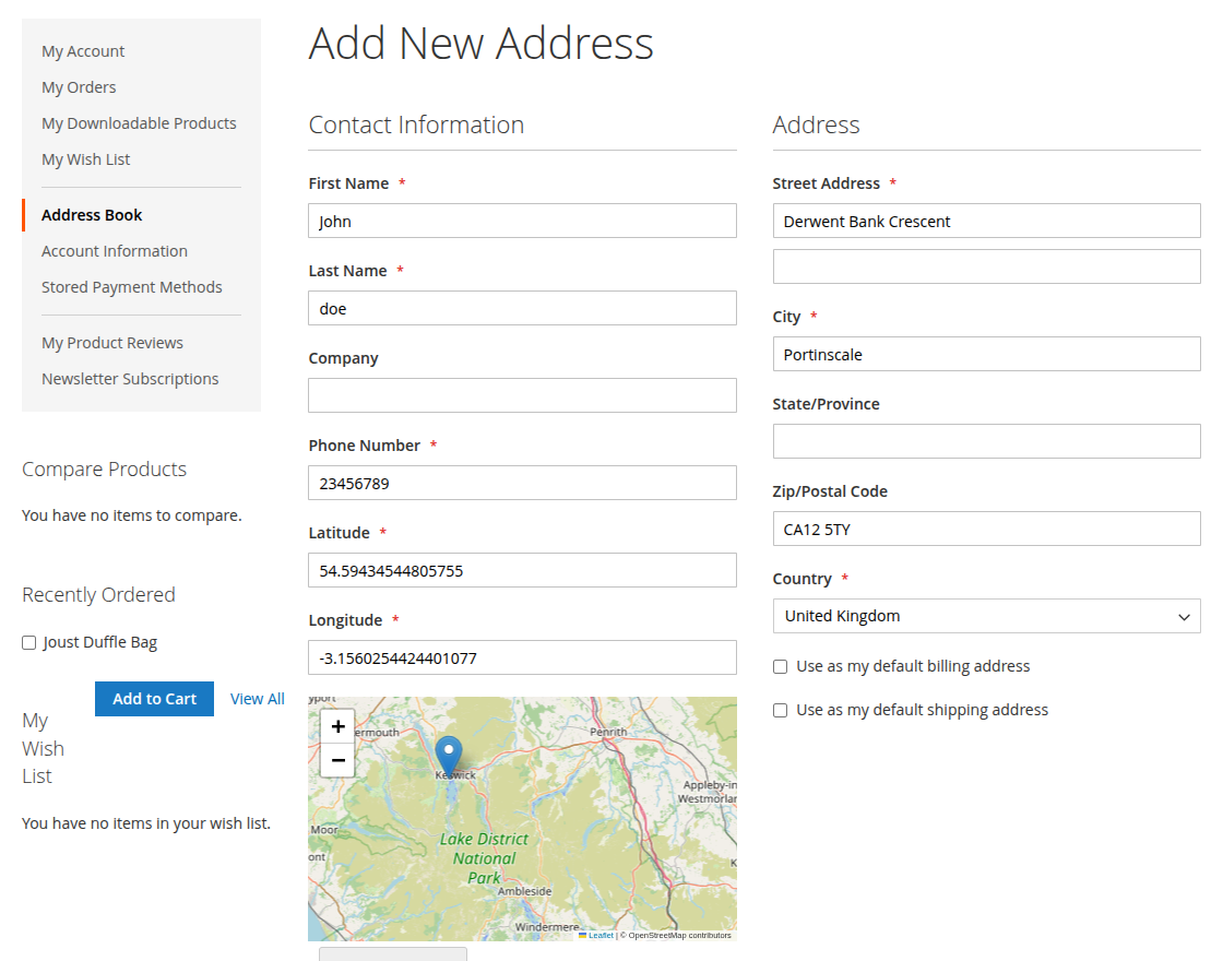 Add new address magento 2 open street address