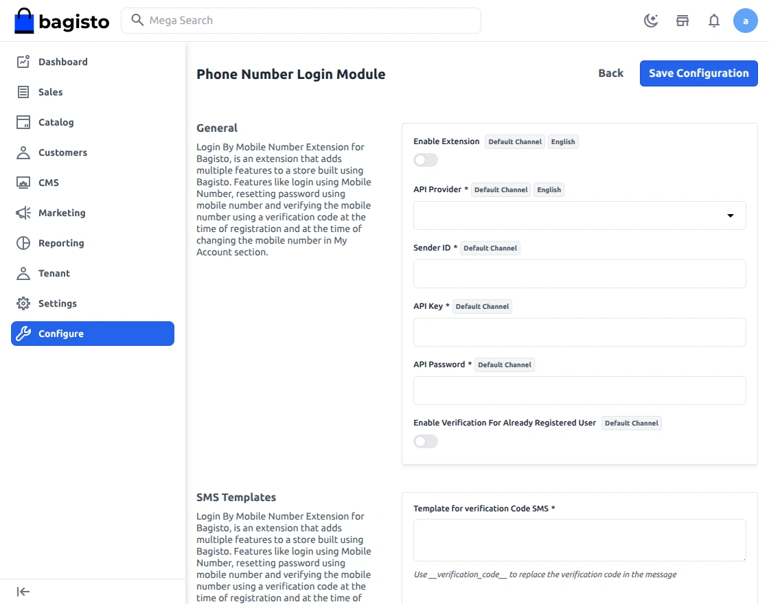 Phone Login general configuration in the tenant admin panel