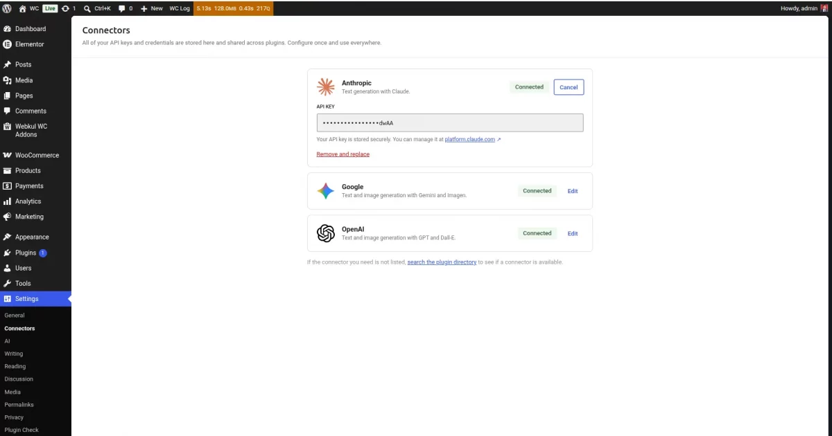 WooCommerce AI Connector AI Models connector screen to use in WooCommerce AI Connector