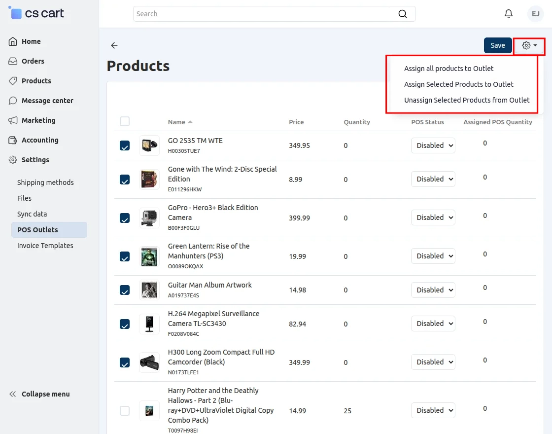 CS-Cart assign products to Outlet
