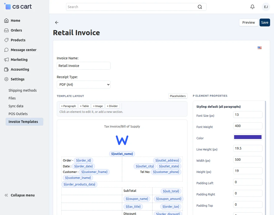 CS-Cart manage invoice
