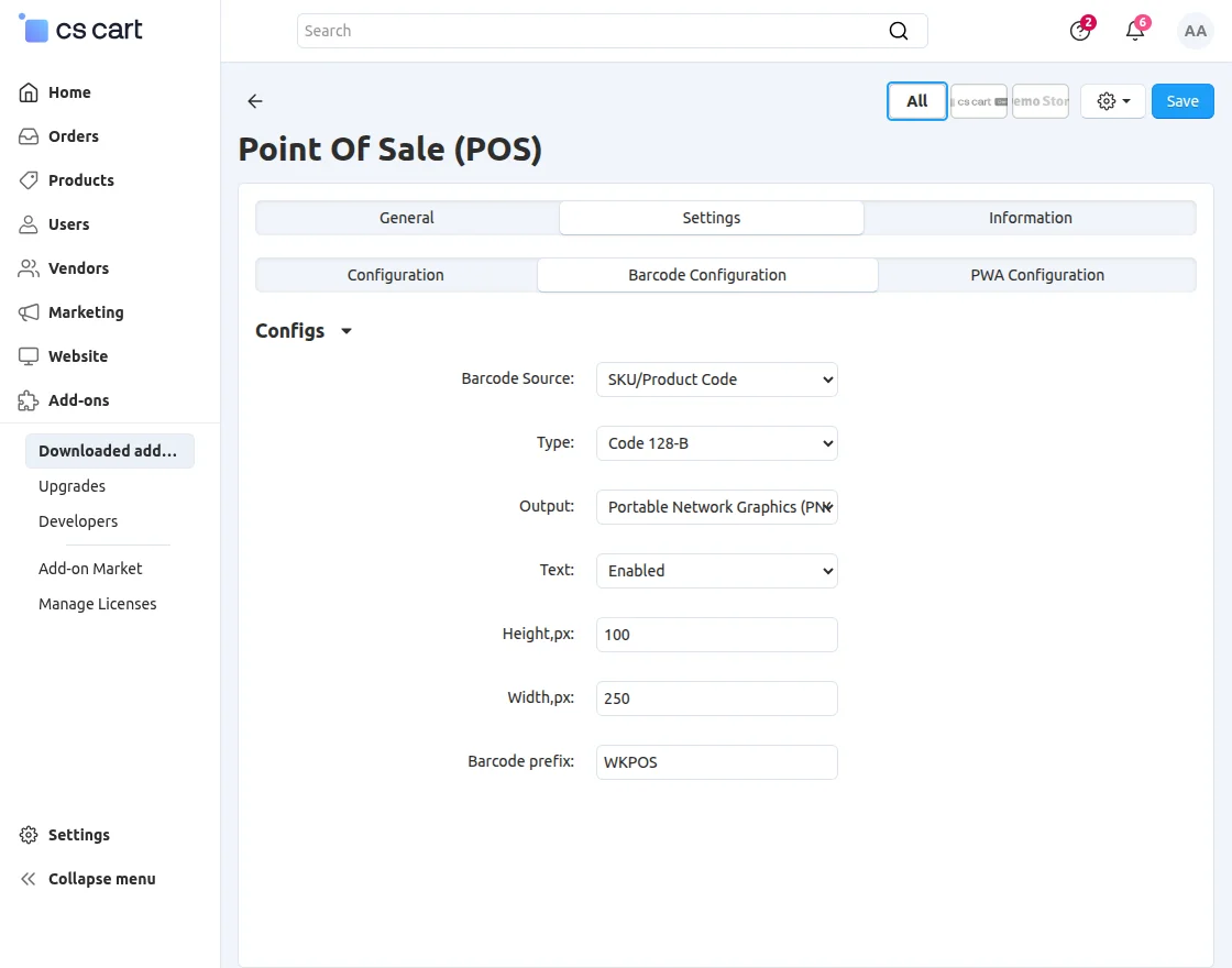 CS-Cart POS Barcode Configuration