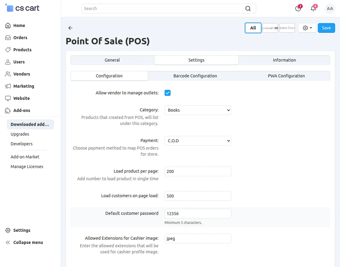 CS-Cart POS Configuration