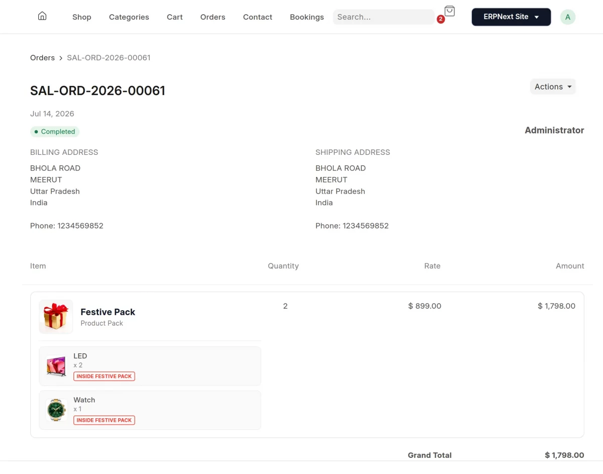 erpnext product pack order detail