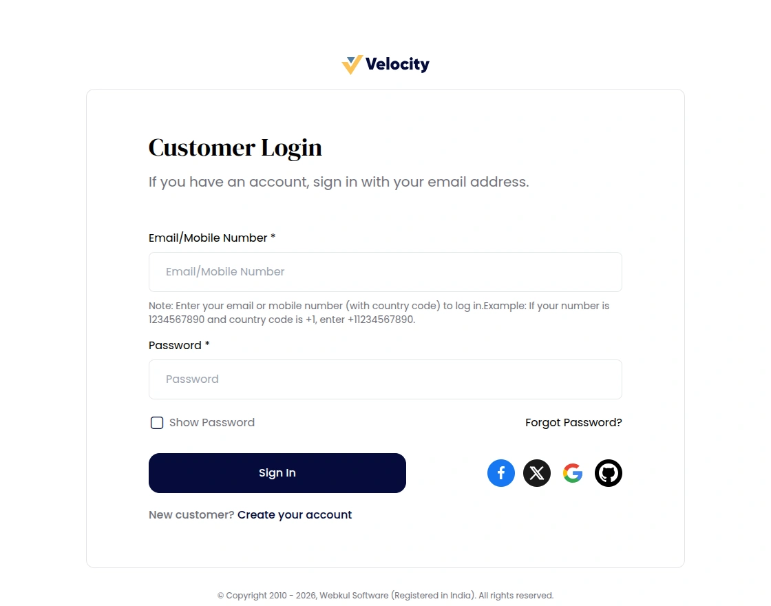 Customer login form accepting email or mobile number