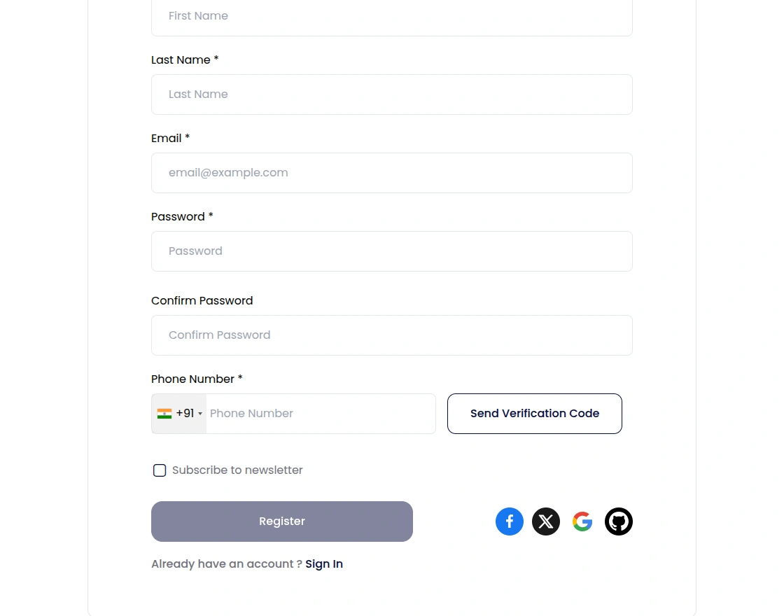 Customer registration form with phone number field and country selector