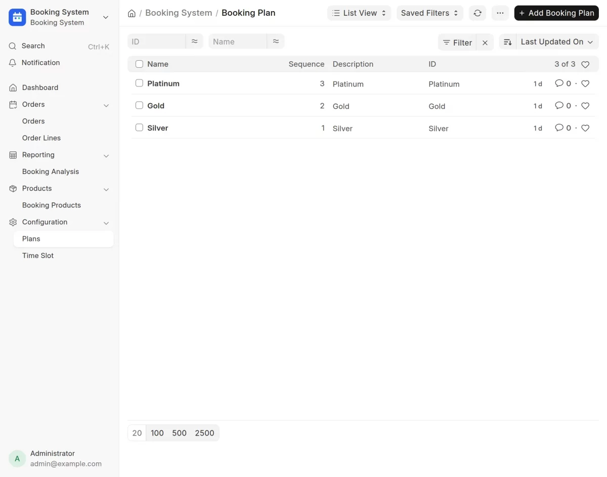 Booking Plan List