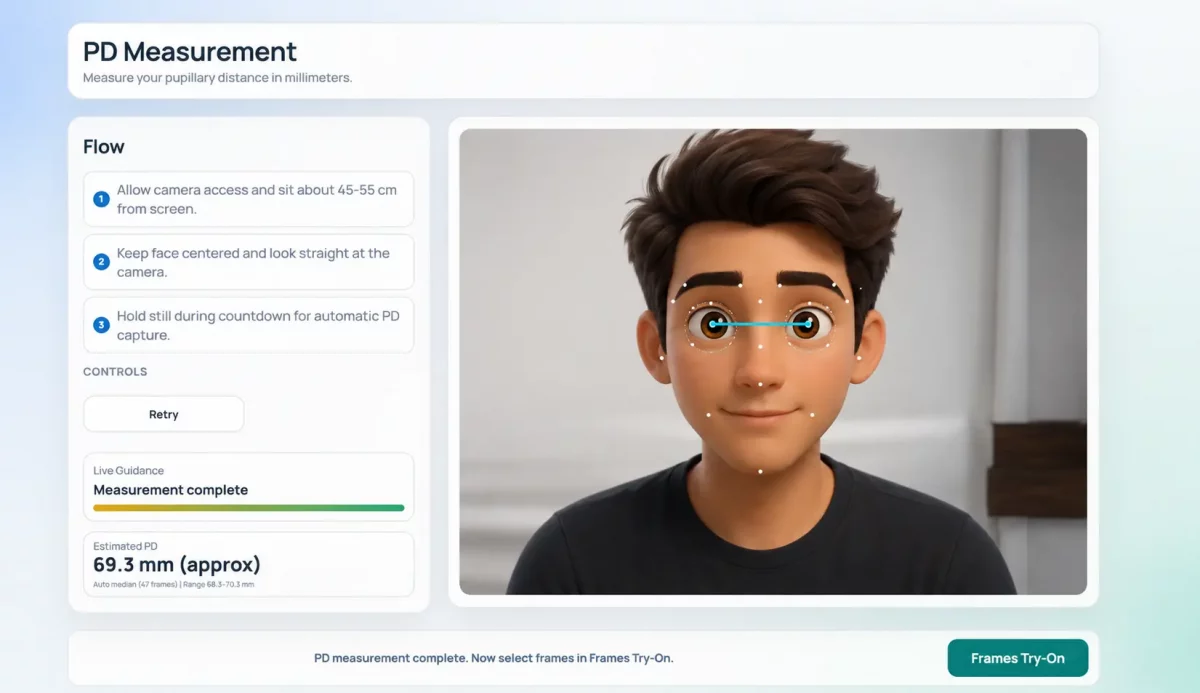 AI Eyewear Virtual Tryon Real Time PD Measurement