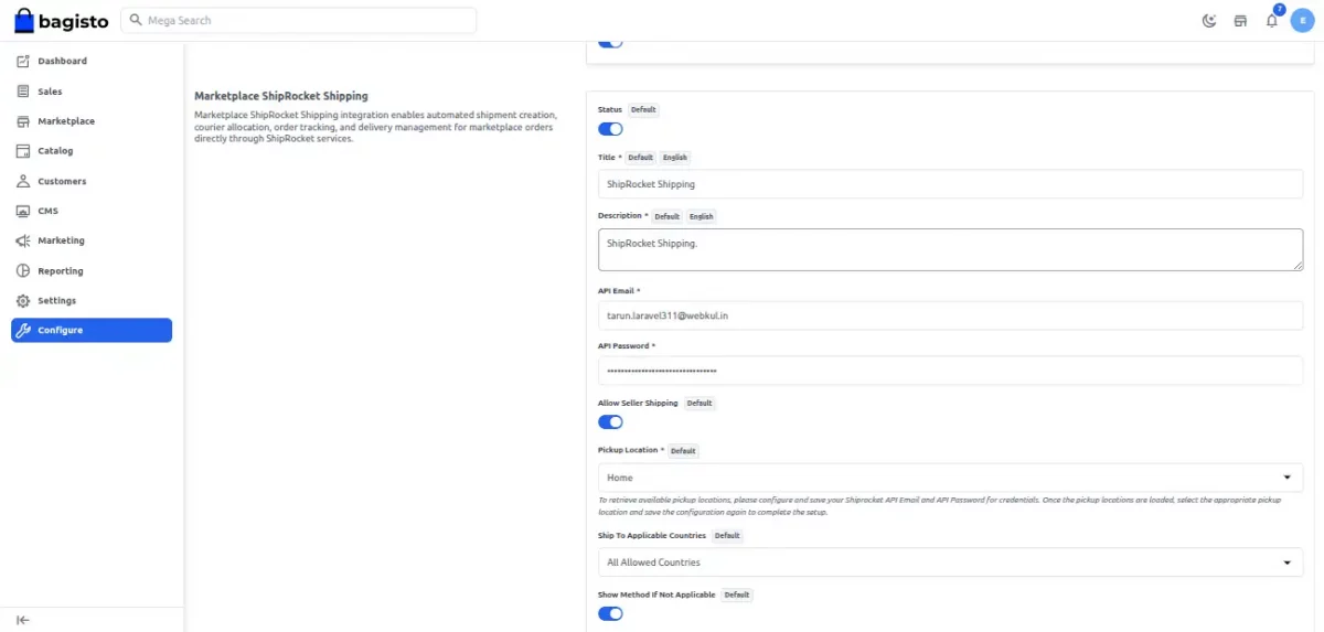 Bagisto Marketplace ShipRocket Shipping admin configuration