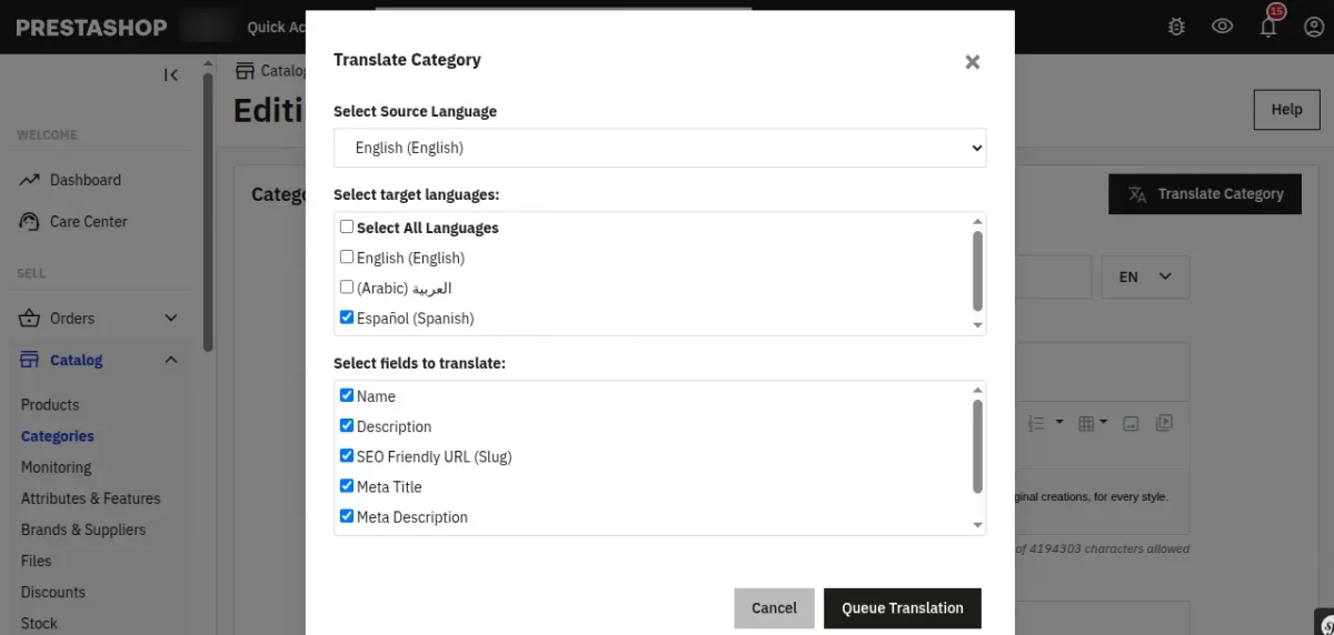 Translate Category Pop-up