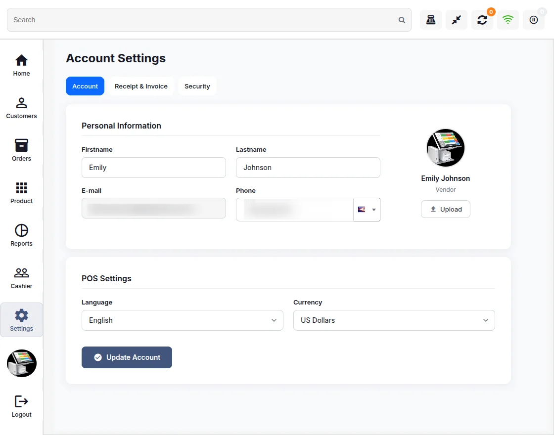 POS Account Settings, From here, agents can update their profile, change the language, select the currency, and manage account settings