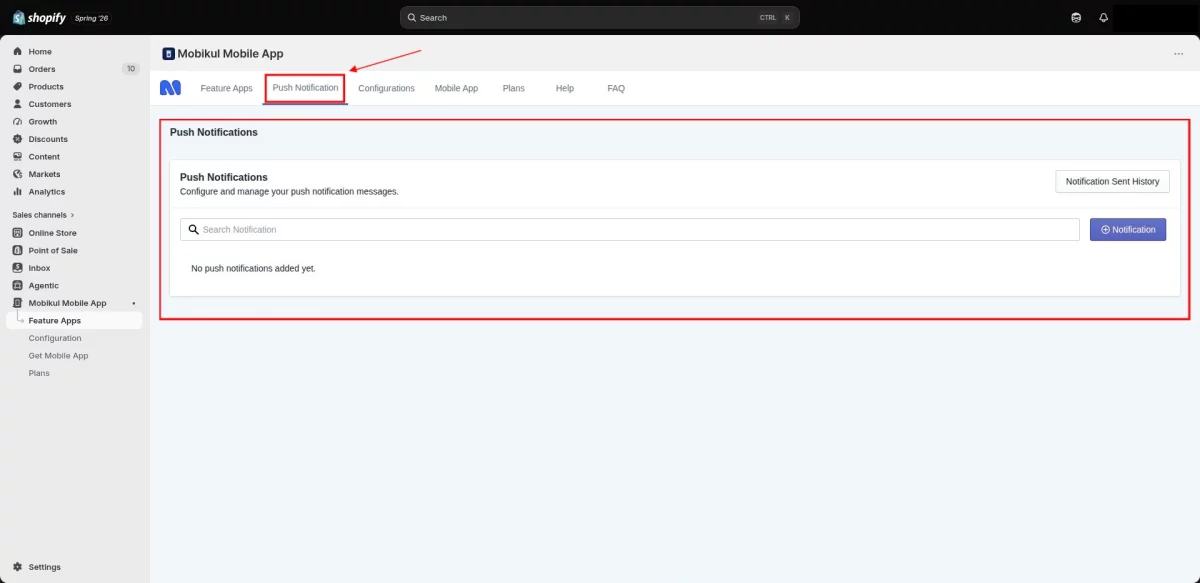 Push Notification section Hotwire Mobile App Builder for Shopify
