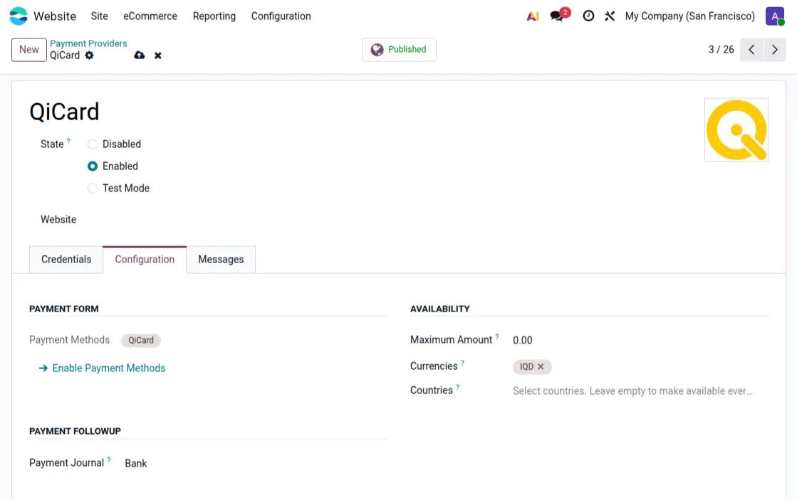 qicard configuration tab