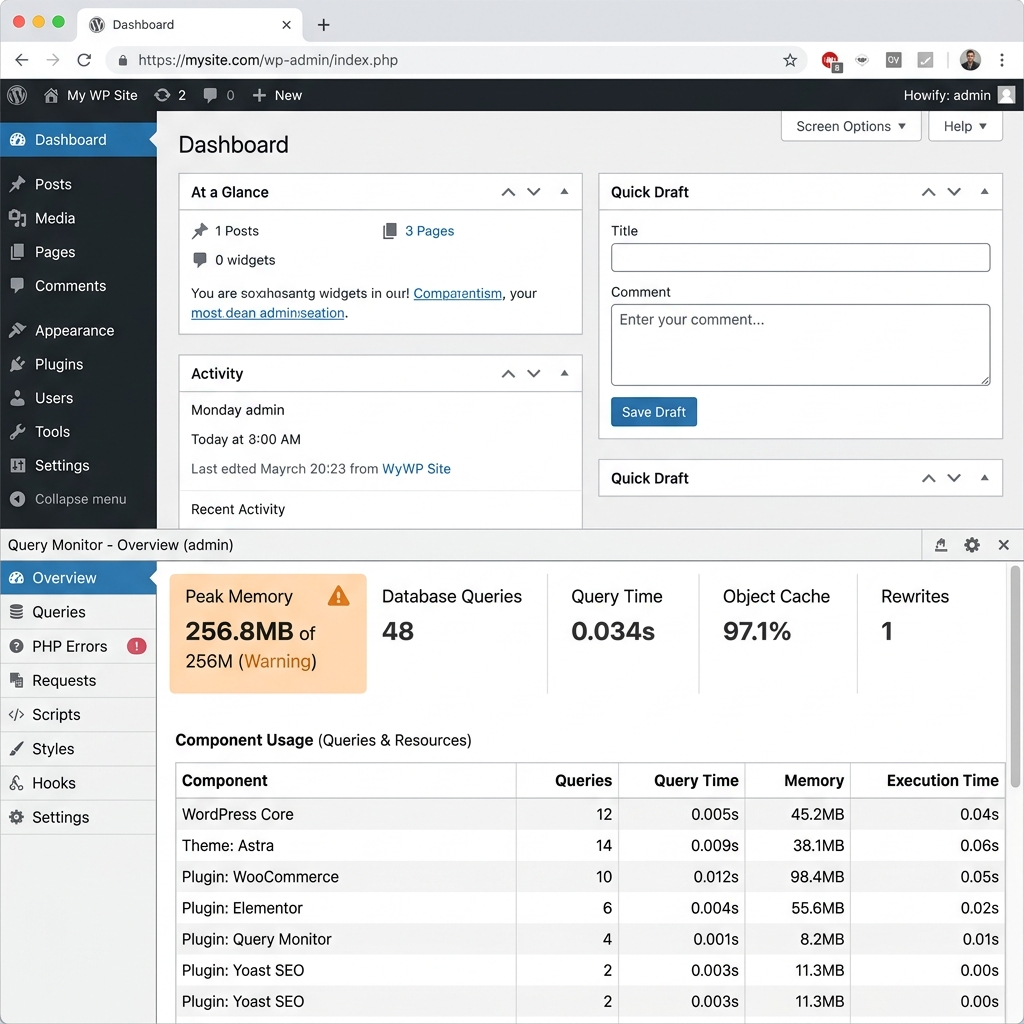 Query Monitor dashboard displaying WordPress memory leaks