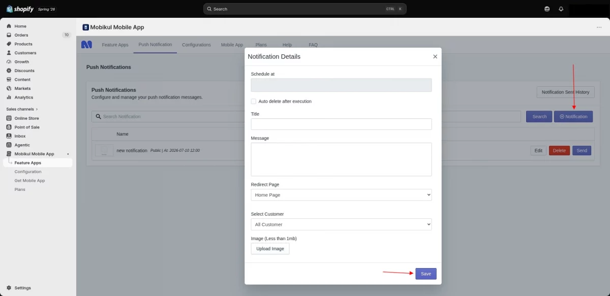 Create Push Notification Hotwire Mobile App Builder for Shopify