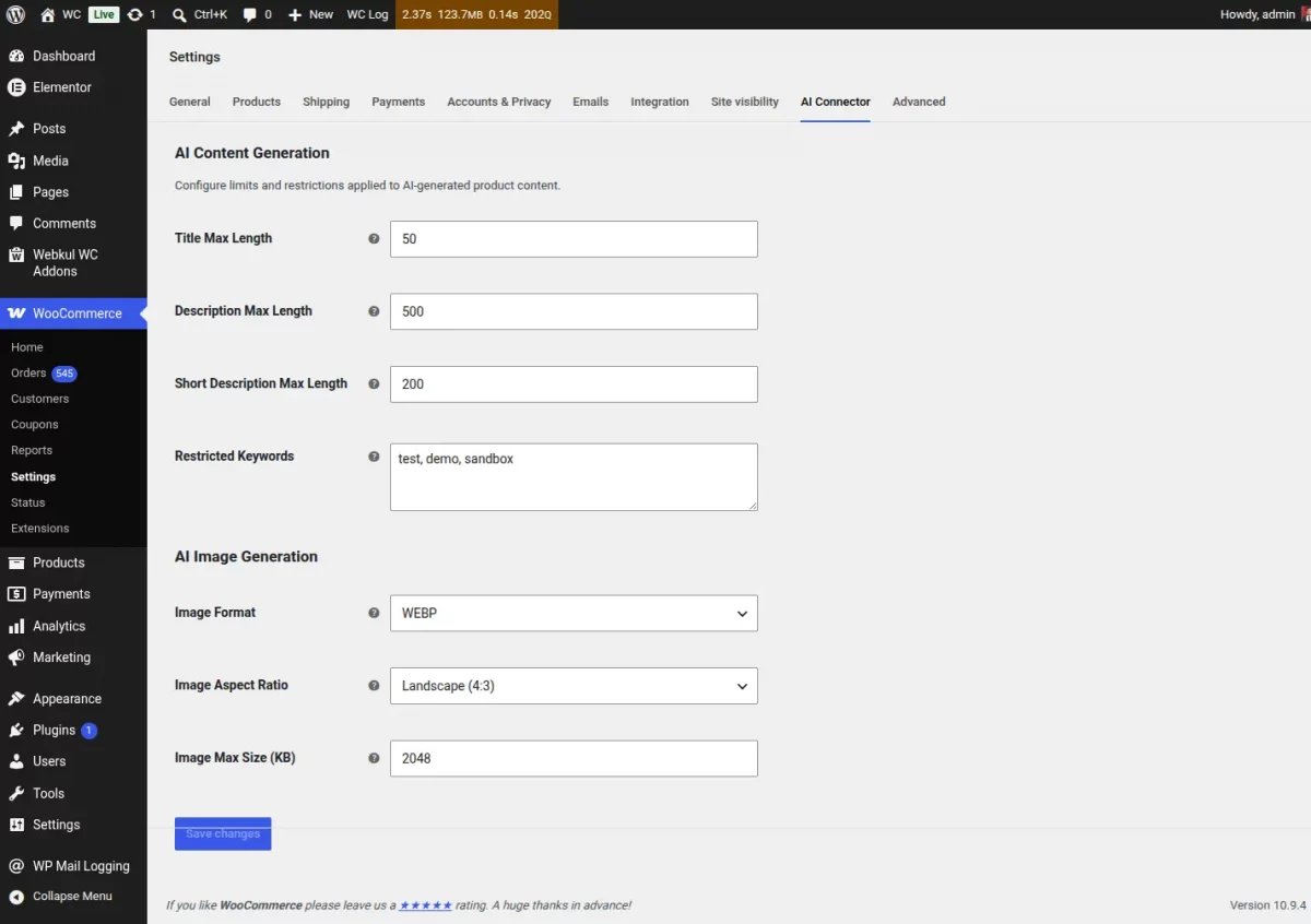 WooCommerce AI Connector Admin settings page for AI product description generator for WooCommerce