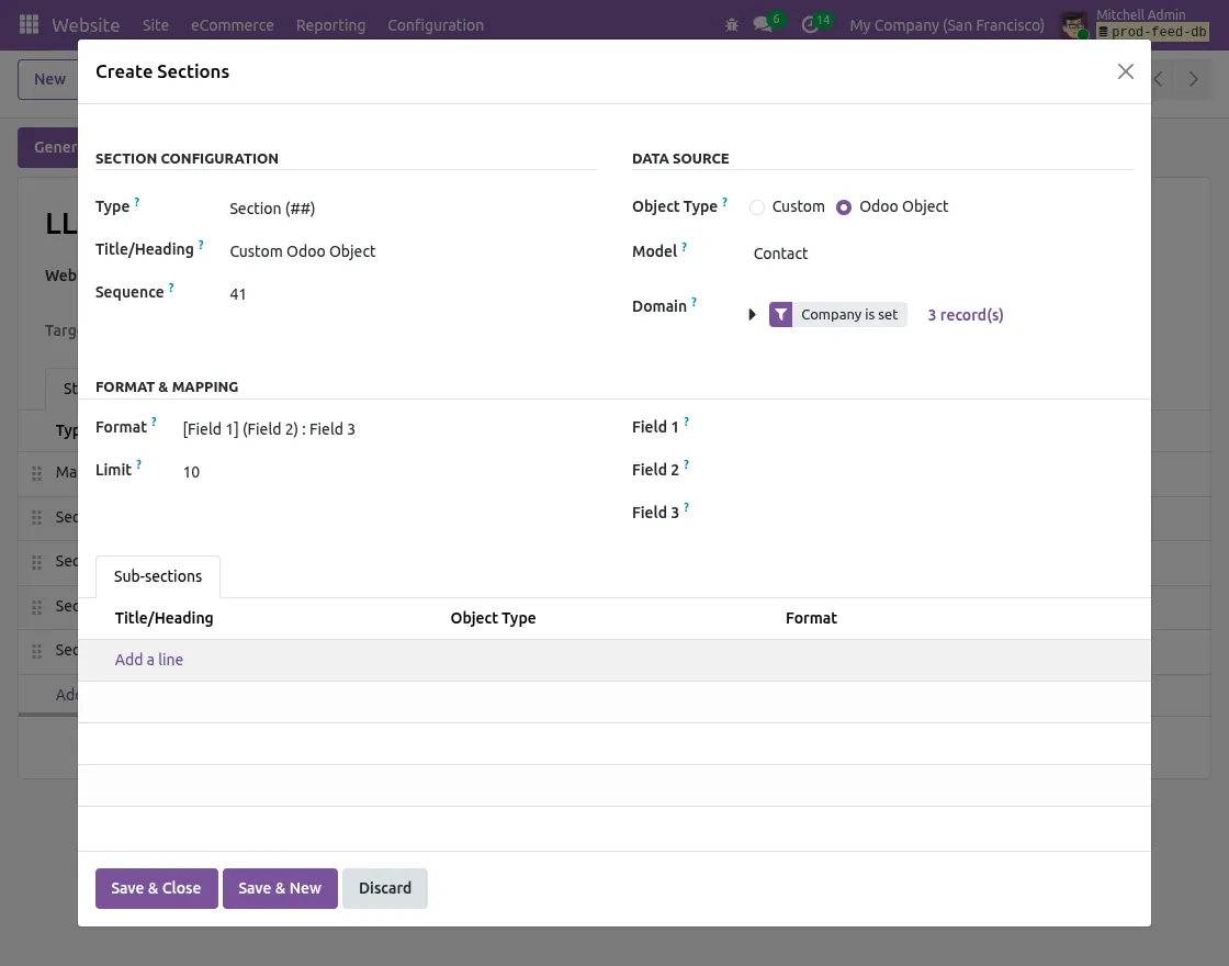 create sub sections using odoo modules