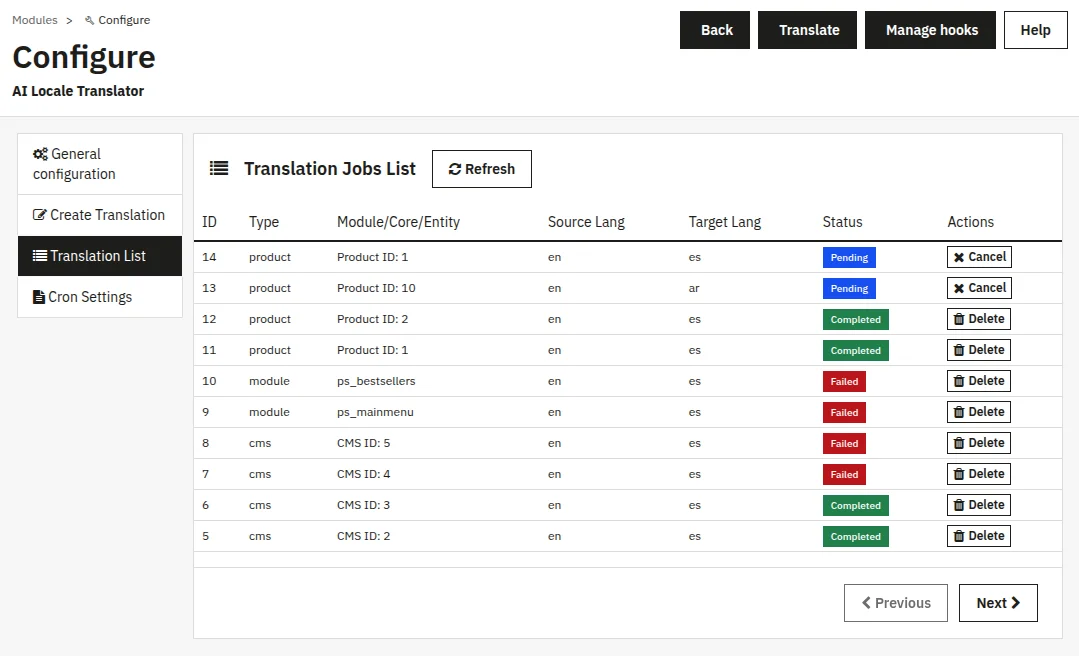 List of all Translation Jobs