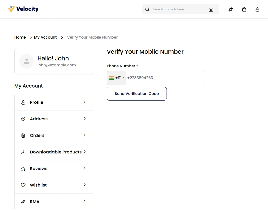 Customer profile showing mobile number and verification status