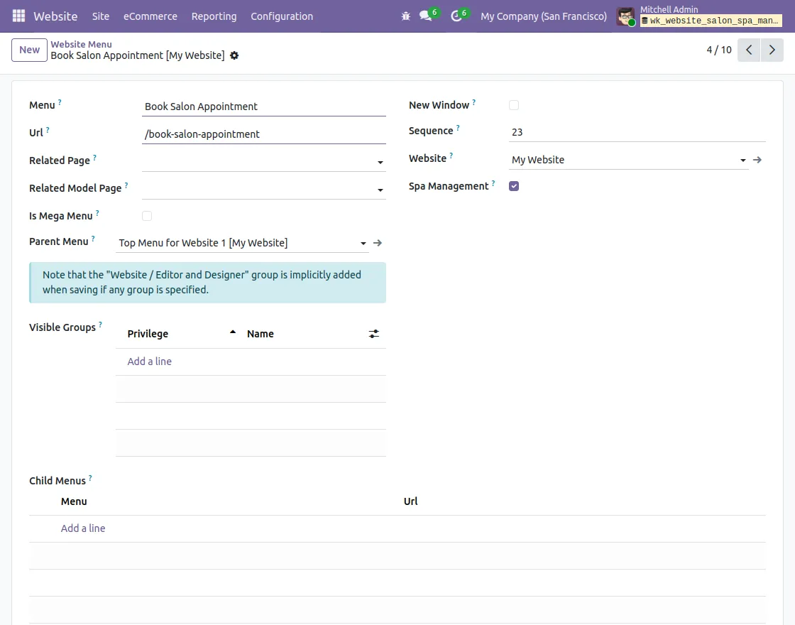 website menu configurations 